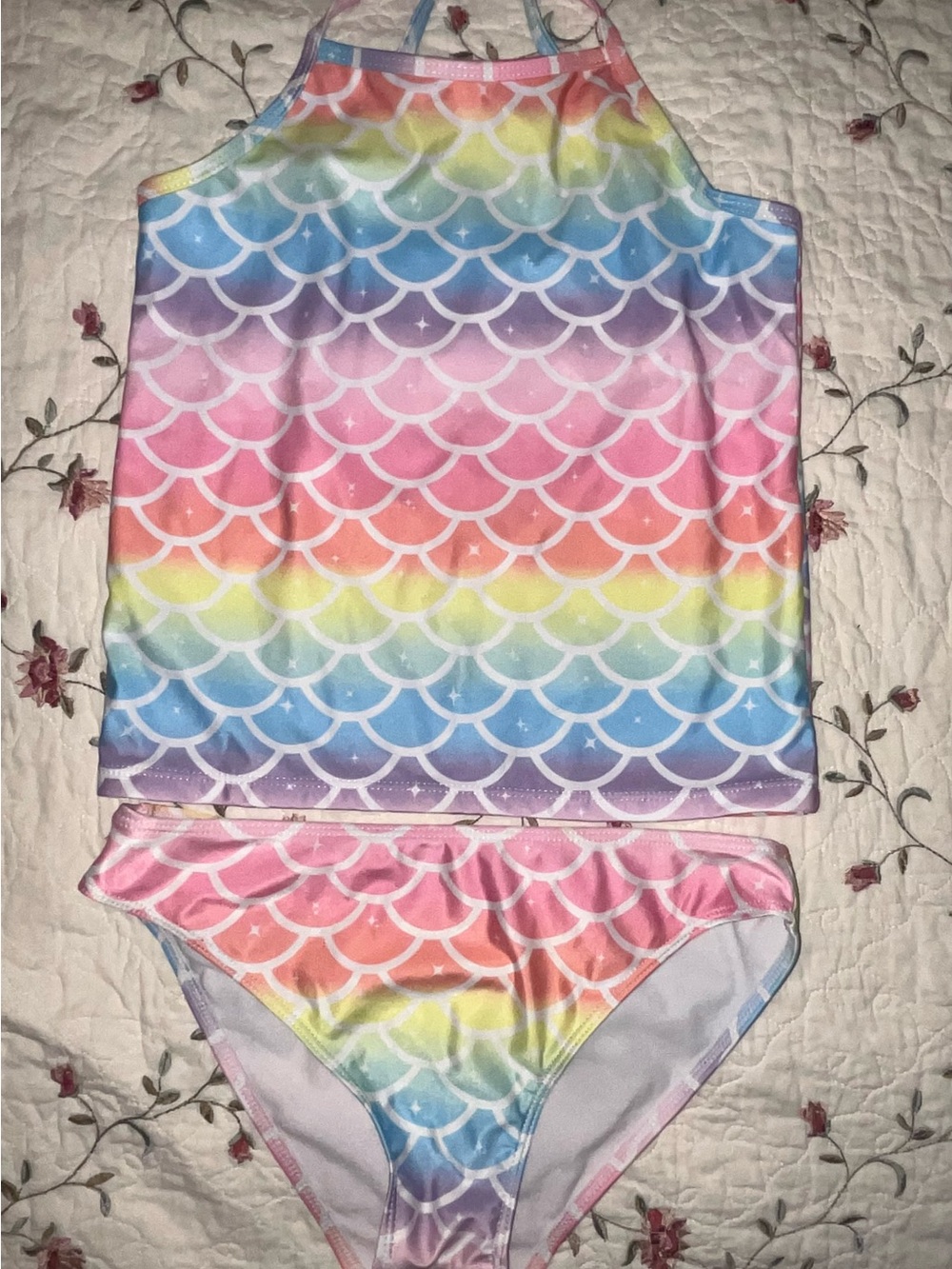 Girls Rainbow Mermaid Scale Tankini Bikini Set - Pastel Multi